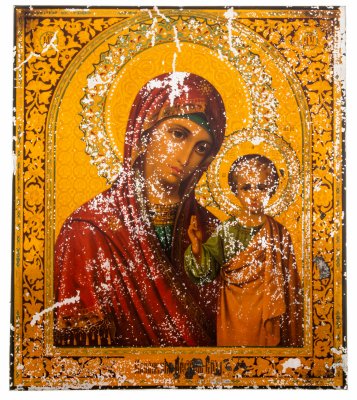 купить Икона "Казанская Божья Матерь", хромолитография по жести, дерево, ткань, фабрика В. Бонакера, г. Москва, Российская империя, 1890-1900 гг.