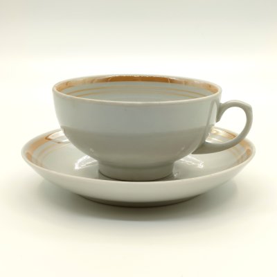 купить Пара чайная с лаконичным декором, фарфор, обводка, Дулевский фарфоровый завод (Дулёво), СССР, 1992 г.