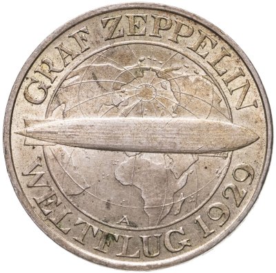 купить Германия 3 рейхсмарки (reichsmark) 1930 "Полёт дирижабля "Граф Цеппелин"" Знак монетного двора "A" — Берлин