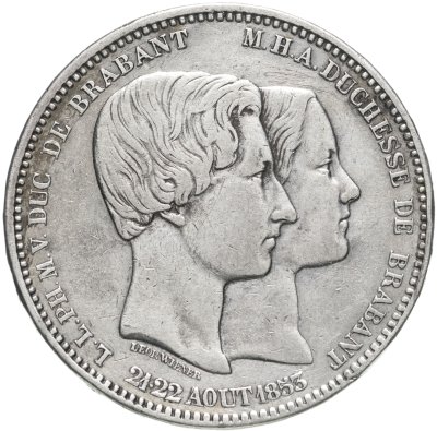 купить Бельгия 5 франков 1853 г. (Свадьба принца Леопольда и эрцгерцогини Марии Генриетты)