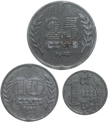 купить Нидерланды набор из 3-х монет 1, 10 и 25 центов (cents) 1941-1944, случайный год