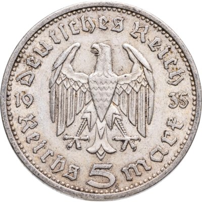 купить Германия 5 рейхсмарок 1935 A Рейхспрезидент Германии Пауль фон Гинденбург