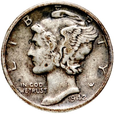 купить США 10 центов (дайм, one dime) 1942 Mercury Dime (дайм «Меркурий») без обозначения монетного двора