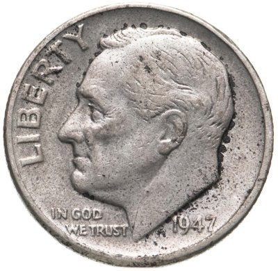 купить США 10 центов (дайм, one dime) 1947 Silver Roosevelt Dime (Рузвельт) без обозначения монетного двора