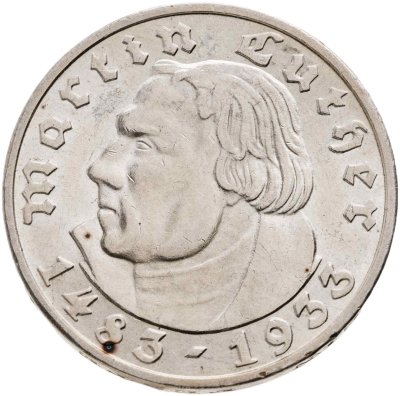 купить Германия (Третий рейх) 5 рейхсмарок (reichsmark) 1933 "450 лет со дня рождения Мартина Лютера" знак монетного двора "F" - Штутгарт