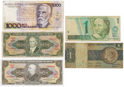 купить Бразилия набор из 5 банкнот 1, 5, 10, 1000 крузейро 1962 - 1990