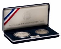 купить США набор из 2х монет 1 доллар и 50 центов 1995 "50 лет победы во Второй мировой войне" в подарочной коробке с сертификатом