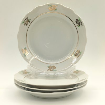 купить Набор из 4-х десертных тарелок с декором "Роза", фарфор, деколь, золочение, Дулевский фарфоровый завод (Дулёво), СССР, 1964 г.