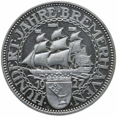 купить Германия 5 рейхсмарок (reichsmark) 1927 (2001) "100 лет Бремерхафену" официальная реплика