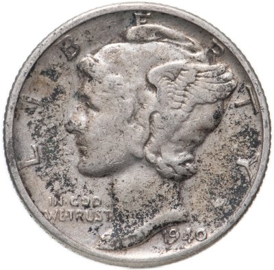 купить США 10 центов (дайм, one dime) 1940 Mercury Dime (дайм «Меркурий») без обозначения монетного двора