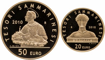 купить Сан-Марино набор из двух золотых монет 20 и 50 Евро (euro) 2010 Proof TESORI SAMMARINESI «СОКРОВИЩА САН-МАРИНО»