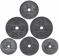 Купить Бельгия набор монет 1941-1947 (6 штук, VF-XF) (Belgique - Belgiё) Цинк