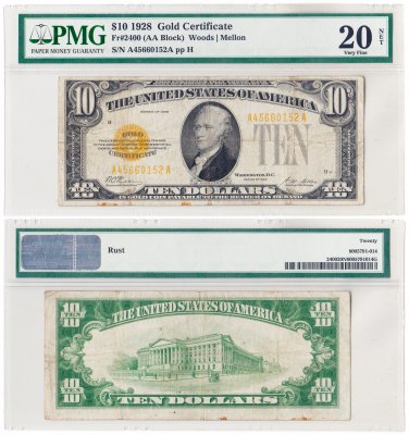 купить США 10 долларов 1928 series 1928 (Pick 400) Gold Certificate, Woods-Mellon в слабе PMG VF20