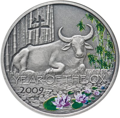 купить Ниуэ 1 доллар (dollar) 2008 Китайский гороскоп - год быка /зелень, лотусы/