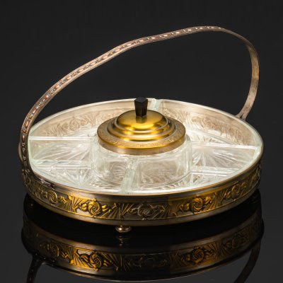 купить Блюдо для сервировки и подачи закусок (менажница) пятисекционное в стиле модерн, стекло, пресс, металл, Европа, 1950-1970 гг.