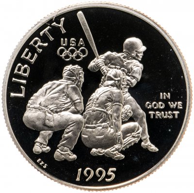 купить США 50 центов (1/2 доллара, half dollar) 1995 "XXVI летние Олимпийские Игры, Атланта 1996 - Бейсбол" в подарочной коробке с сертификатом