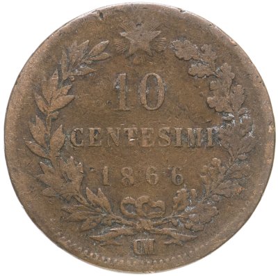 купить Италия 10 чентезимо (centesimi) 1866 .OM, знак монетного двора ".OM" - Страсбург (Точка перед "OM")