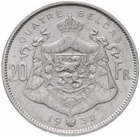 Купить Бельгия 20 франков (francs) 1932 Надпись на французском - 'ALBERT ROI DES BELGES'