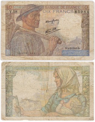 купить Франция 10 франков 1943 (Mineur, Шахтер) Pick 99
