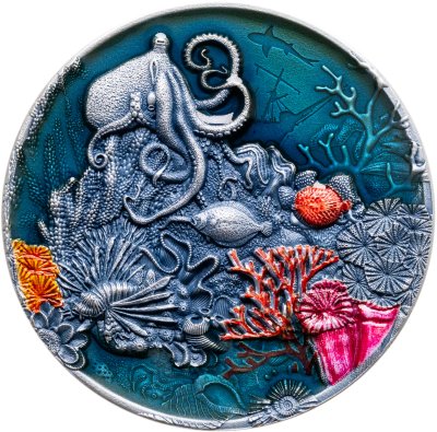 купить Ниуэ 5 долларов 2021 "Коралловый риф Акула, Осьминог, рыба" в футляре с сертификатом