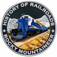 Купить Либерия 5 долларов 2011 "История железных дорог - поезд Rocky mountaineer", в футляре с сертификатом