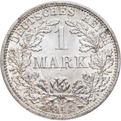 купить Германия 1 марка 1914 знак монетного двора: "F" - Штутгарт в слабе Монетник.ру MS64