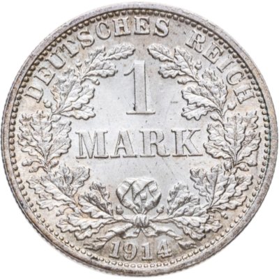 купить Германия 1 марка 1914 знак монетного двора: "F" - Штутгарт в слабе Монетник.ру MS63