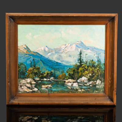 купить Картина в раме "Горный пейзаж", оргалит, масло, дерево, оргалит, масло, дерево, СССР, 1960-1980 гг.
