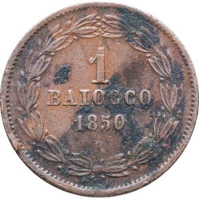 купить Папская область 1 байокко (baiocco) 1850 V Знак монетного двора на: "R" - Рим