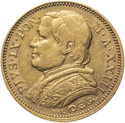 купить Папская область 20 лир (lire) 1868 XXIII с изображением портрета Папы Пия IX