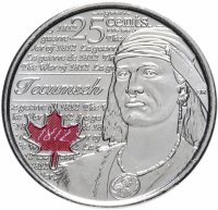 Купить Канада 25 центов (cents) 2012 "Война 1812 года - Вождь Шайенов Текумсе" цветная