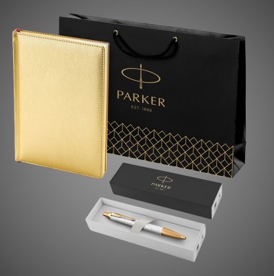 купить Подарочный набор: Ручка шариковая Parker IM Premium K318 Pearl GT, цвет чернил синий и золотистый ежедневник с золотым срезом страниц, Металлы: латунь, сталь, 2026 г.