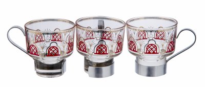 купить Набор из 3 кофейных чашек с геометрическим декором, стекло, металл, деколь, СССР, 1970-1990 гг.