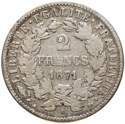 купить Франция 2 франка (francs) 1871 LIBERTE·EGALITE·FRATERNITE Знак монетного двора: "A" - Париж