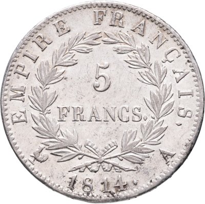 купить Франция 5 франков (francs) 1814, с портретом Наполеона I Бонапарта