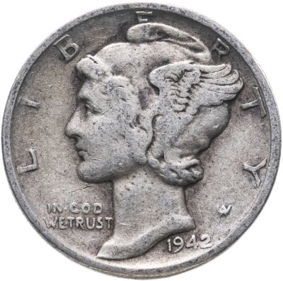 купить США 10 центов (дайм, one dime) 1942 Mercury Dime (дайм «Меркурий») без обозначения монетного двора