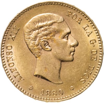 купить Испания 25 песет 1880 с портретом Короля Альфонсо XII