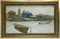 Купить Картина "На реке", картон, масло, художник С.Н.Костин, СССР, 1960-1970 гг.