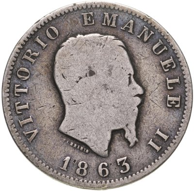 купить Италия 1 лира (lira) 1863 Щит на реверсе, знак монетного двора: "M" - Милан