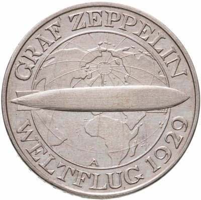 купить Германия, Веймарская республика, 3 рейхсмарки (reichsmark) 1930 Полёт дирижабля "Граф Цеппелин" знак монетного двора "A" — Берлин