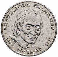 Купить Франция 5 франков (francs) 1994 "300 лет со дня рождения Вольтера"