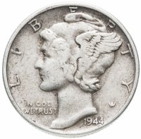 Купить США 10 центов (дайм, one dime) 1944 Mercury Dime Без отметки монетного двора