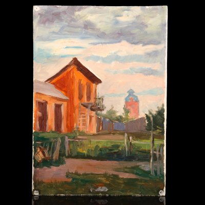 купить Картина "В привокзальном дворе", автор Юрий Рыполовский, картон, масло, СССР, 1968 г.