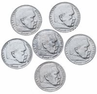 купить Германия, Третий рейх полный набор 5 рейхсмарок 1936 A, D, E, F, G, J (все монетные дворы)