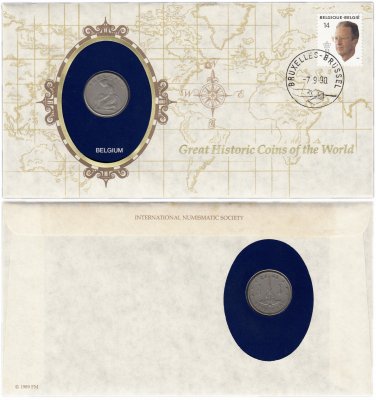 купить Серия «Великие исторические монеты мира» - Бельгия 1 франк (franc) 1922 Надпись на голландском - 'BELGIË' (монета и 1 марка в конверте)