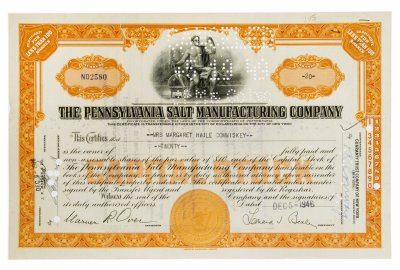 купить Акция США THE PENNSYLVANIA SALT MANUFACTURING COMPANY, " Гашение представителями банка "JP Morgan"" 1946 г.