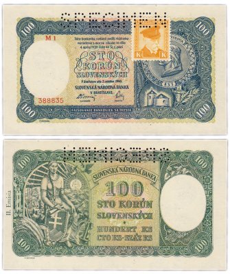 купить Чехословакия 100 крон 1945 (Pick 52) Марка на банкноте Словакии 1940 (перфорация SPECIMEN)