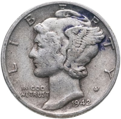 купить США 10 центов (дайм, one dime) 1942 Mercury Dime (дайм «Меркурий») без обозначения монетного двора