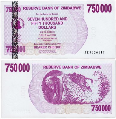 купить Зимбабве 750000 долларов 2007 - "Водопад Виктория, Слон" (Pick 52)