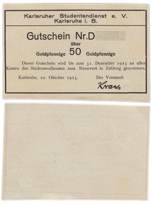 купить Германия купон ваучер 50 пфеннигов "Студенческая служба" 1923